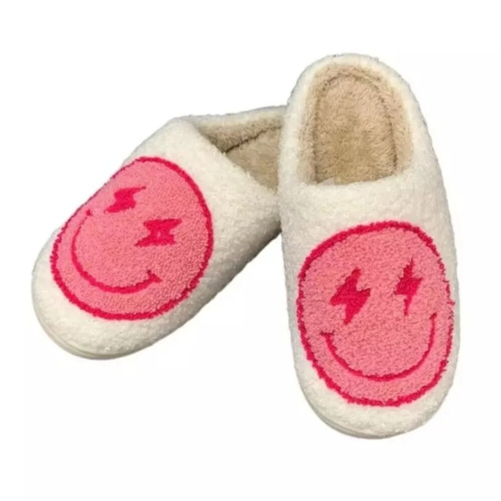 Women's Size 9 (EU 39-40) Trendy Lightning Bolt Smiley Face Fuzzy Slippers